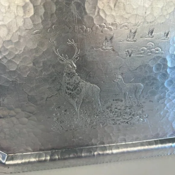 Vtg Deer‎ Geese Trade Continental Hand Wrought Hammered Aluminum Tray w Handles - Picture 9 of 11